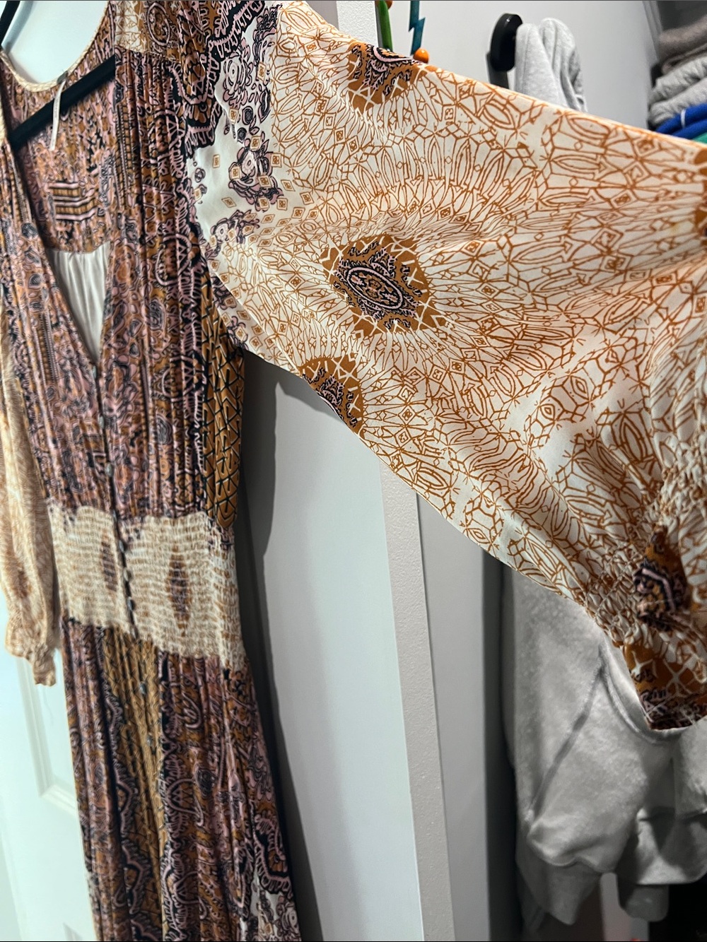 FREE PROPLE Boho Paisley Long Sleeve Maxi Dress in Brown and Cream - Picture 5 of 8